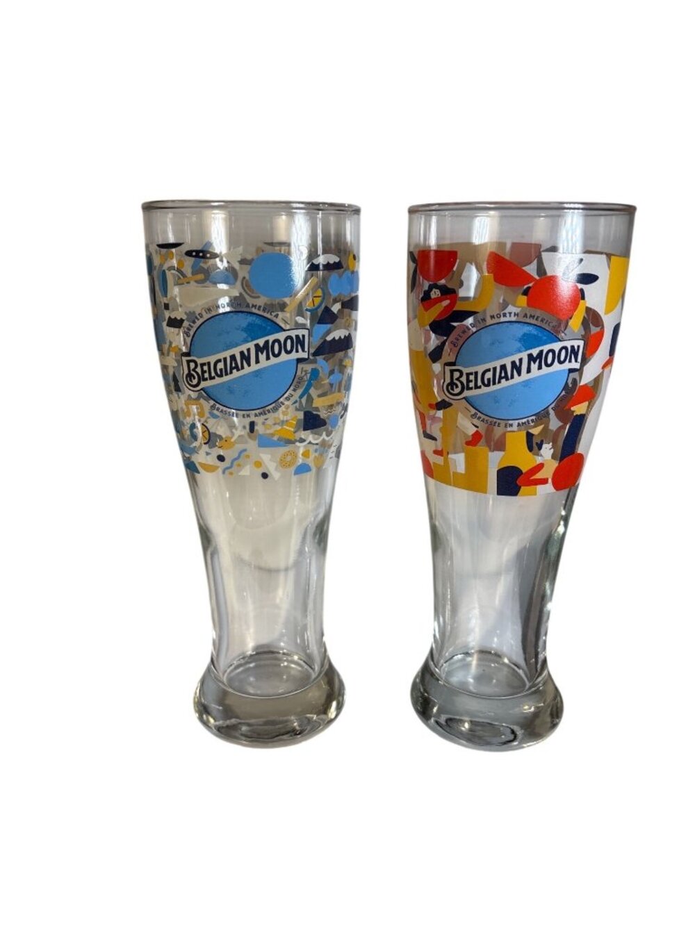 Belgian Moon Pilsner Glass Set Of 2 Colorful Abstract Graphics 16 Oz